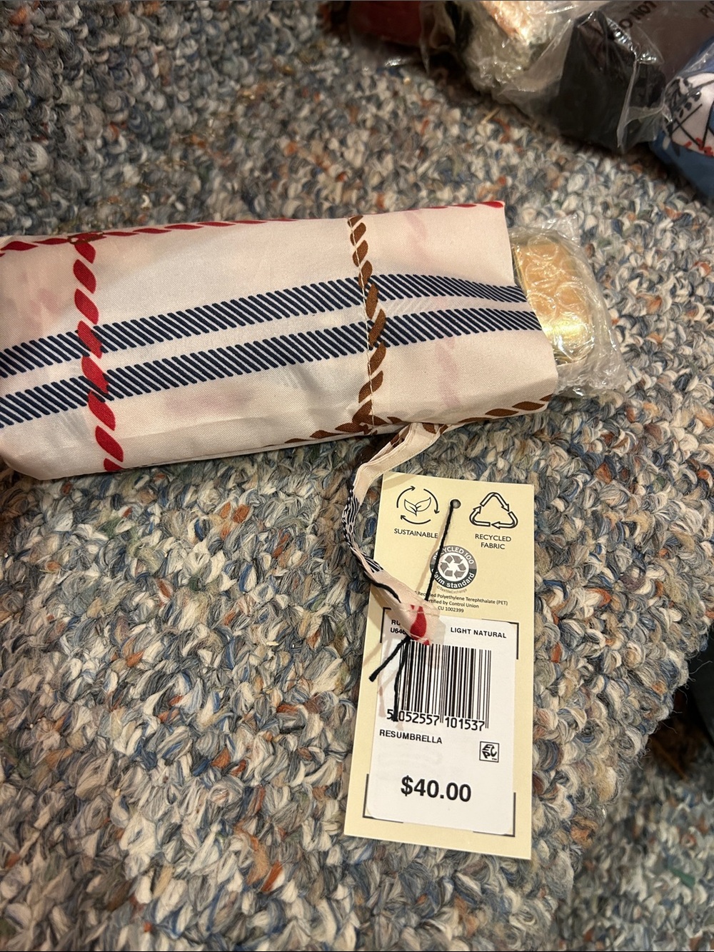 RADLEY LONDON Compact Umbrella in Cream with Red, Navy and Brown Stripe